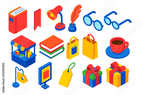 Book Fair Icons. Isometric vector illustration set Book Fair Icons: hardcover book, bookmark, lamp, quill pen, glasses, exhibition