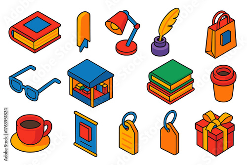 Book Fair Icons. Isometric vector illustration set Book Fair Icons: hardcover book, bookmark, lamp, quill pen, glasses, exhibition