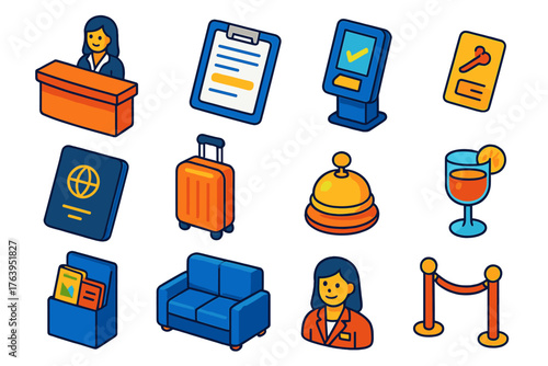 Hotel Check-In Icons. Isometric vector illustration set Guest Check-in Icons: reception counter, guest registration form, passport