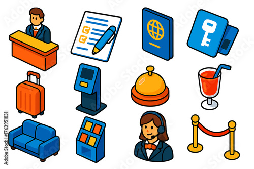Hotel Check-In Icons. Isometric vector illustration set Guest Check-in Icons: reception counter, guest registration form, passport