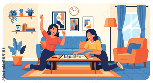 Flat vector of women friends playing board games indoors, laughter, joy, and fun friendship togetherness