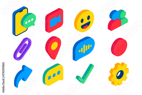 Colorful Messaging App Icons. Isometric vector illustration set Messaging App Icons: phone with chat bubble, video call icon,