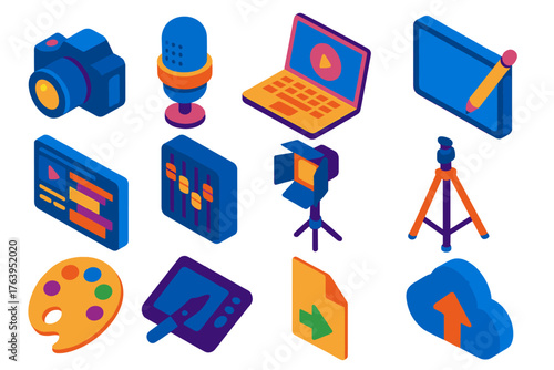 Content Creation Tools. Isometric vector illustration set Content Creation Icons: camera, microphone, laptop, tablet with stylus,