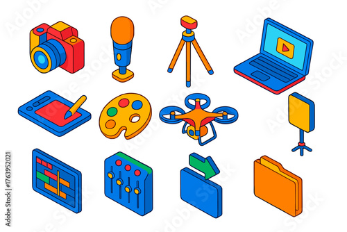 Multimedia Icons Collection. Isometric vector illustration set Multimedia Production Icons: camera, microphone, tripod, laptop,