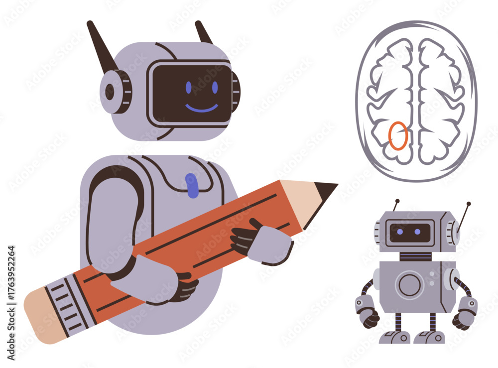 Fototapeta premium Robot holding pencil, standing beside a brain diagram, reflecting artificial intelligence, creativity, learning, and innovation. Ideal for education, technology, design cognitive science AI