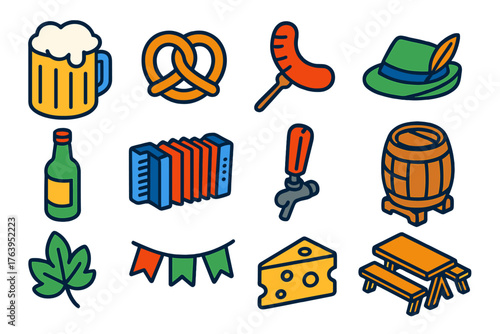 Beer Festival Icons. Isometric vector illustration set Beer Festival Linear Icons: beer mug, pretzel, sausage on stick, alpine hat