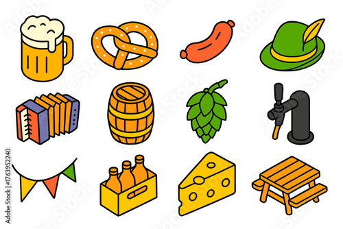 Alpine Beer Fest Icons. Isometric vector illustration set Alpine Beer Fest Linear Icons: beer mug, pretzel, sausage link, alpine