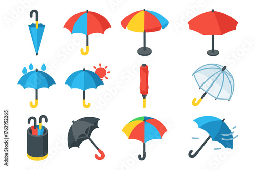 Umbrella Icons Collection. Isometric vector illustration set Umbrella Icons: closed umbrella, open umbrella, beach umbrella, patio