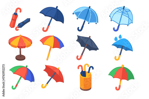 Vibrant Umbrella Icons. Isometric vector illustration set Urban Umbrella Icons: compact umbrella, folding umbrella, open rain