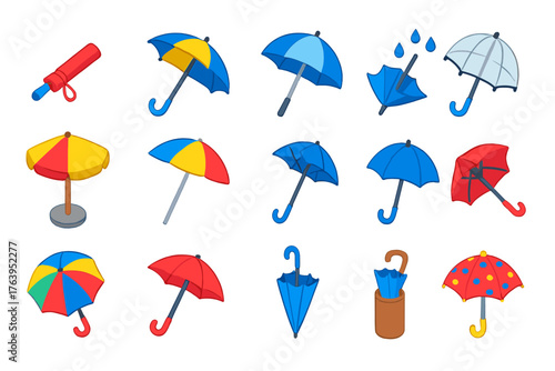 Vibrant Umbrella Icons. Isometric vector illustration set Urban Umbrella Icons: compact umbrella, folding umbrella, open rain