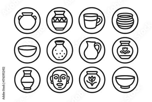 Traditional Pottery Icons. Line style icons of traditional pottery in round shape: earthen pot, tribal vase, hand-built cup,