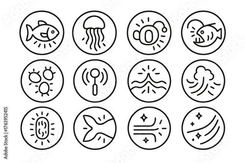 Bioluminescent Icons. Line style icons of bioluminescence in round shape: glowing fish, jellyfish with light, light-producing