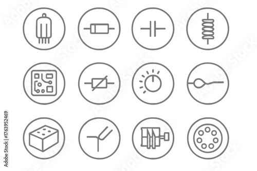 Radio Component Icons. Line style icons of radio components in round shape: vacuum tube, resistor, capacitor, tuning coil; circuit