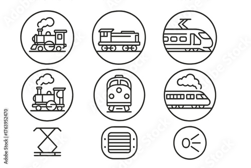 Line Style Locomotives. Line style icons of locomotives in round shape: steam locomotive, diesel engine, electric train, bullet