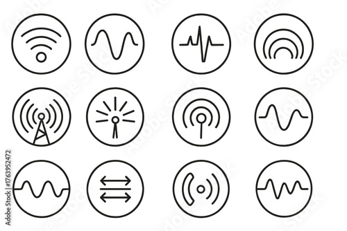 Signal Wave Icons. Line style icons of radio waves in round shape: signal wave, frequency curve, transmission pulse, sine wave;