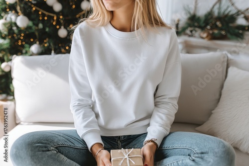 A Young Woman Holding a Wrapped Gift While Sitting on a Sofa at Home During t...