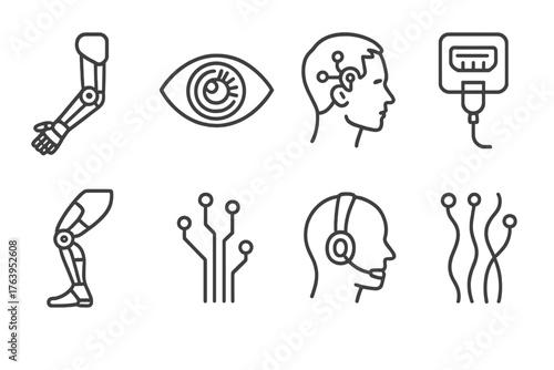 Cybernetic Icon Set. Line style icons of Cybernetics: Mechanical Arm, Augmented Eye, Neural Implant, Data Port, Cyber Leg, Circuit