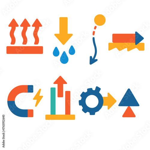 Minimalist Physical Icons. Flat vector icons of physical processes and effects: heat transfer arrows, pressure change icon,