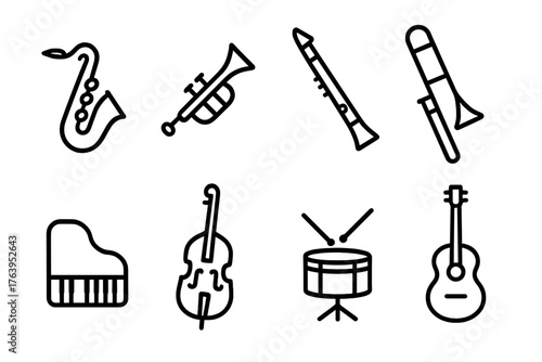 Line Style Jazz Icons. Line style icons of Jazz Music: Saxophone, Trumpet, Clarinet, Trombone, Piano, Bass, Drum, Guitar, No text,