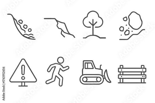 Landslide Aftermath Icons. Line style icons of Landslide Aftermath: Debris Flow, Slumping Ground, Tree, Rockfall, Warning Sign,