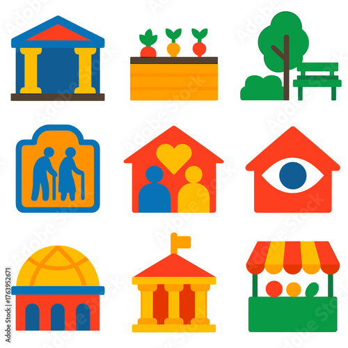 Community Icon Set. Flat vector icons of community places and spaces: local library building, community garden bed, public park