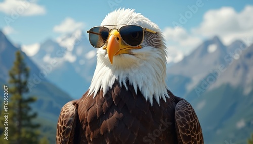 Bald eagle wearing sunglasses stands in mountains. Majestic bird of prey with feathered wings against blue sky and rocky peaks. Represents freedom, nature, wildlife. Cool avian predator.