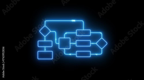 Neon blue glowing flowchart diagram animation with lightning sparks on black background representing business process workflow automation and decision making