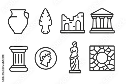 Archaeological Icons. Line style icons of Archaeological Anthropology: Pottery, Arrowhead, Ruins, Temple, Column, Coin, Statue,