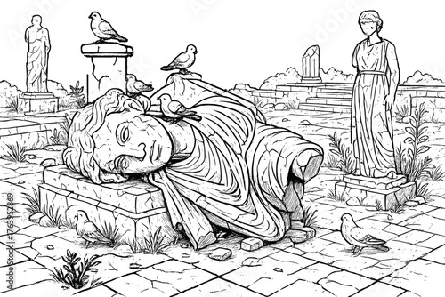Ruined Plaza Scene. Fallen monument in a ruined plaza with cracked statues, overgrown weeds, and pigeons nesting, black and white