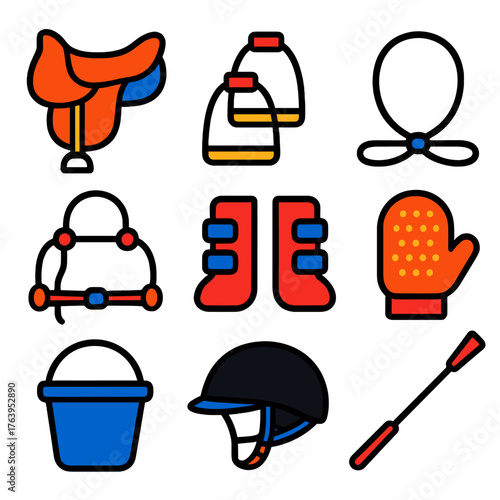 Horse Riding Icons. Flat vector icons of horse riding equipment: saddle icon, stirrups, reins, bridle set, horse boots, grooming