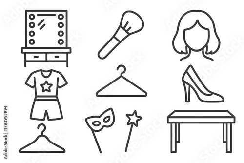 Backstage Essentials Icons. Line style icons of Backstage: Dressing Room Mirror, Makeup Brush, Wig, Costume, Hanger, Shoe, Props,