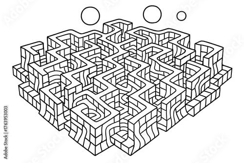 Intricate Cube Labyrinth. Cube-based labyrinth with endless corridors, distorted walls, and floating orbs above, black and white