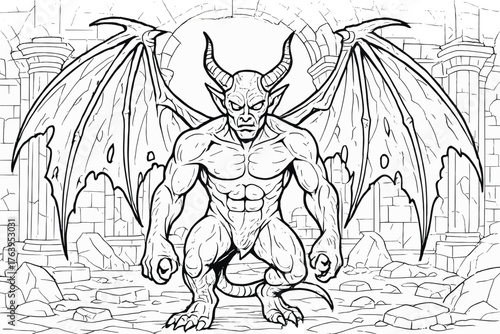 Winged Demon Illustration. Winged demon with sharp horns, tattered wings, and glowing eyes standing in a ruined temple, black and