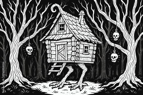Baba Yaga's Enchanted Hut. Baba Yaga’s crooked hut on chicken legs standing in a dark forest with twisted trees and glowing skull