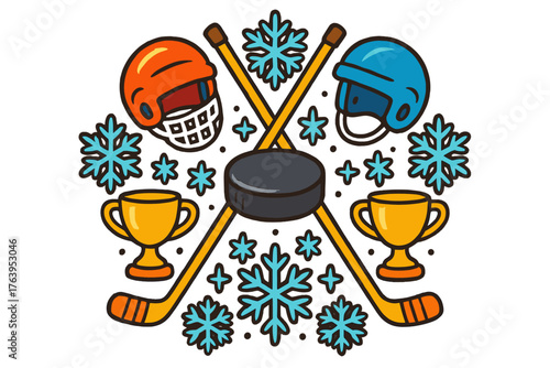 Hockey Mandala Art. Hockey puck in the center with sticks, helmets, ice crystals, and trophies arranged in circular mandala form,