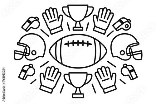 Football Gear Mandala. American football in the middle with helmets, gloves, trophies, and whistles forming a radial pattern,