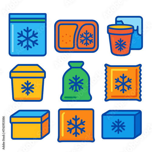 Frozen Food Icons. Flat vector icons of frozen food packaging: freezer bag with zip, vacuum-sealed meal tray, ice cream tub icon,