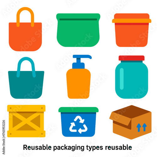 Reusable Packaging Icons. Flat vector icons of reusable packaging types: cloth shopping bag, silicone food pouch, reusable meal