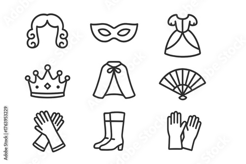 Opera Costume Icons. Line style icons of Opera Costume: Wig, Mask, Gown, Crown, Cape, Fan, Gloves, Boots, No text, No labels,