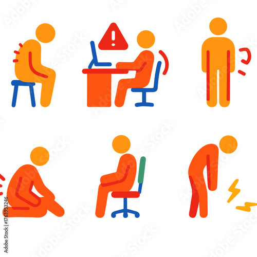 Posture Discomfort Icons. Flat vector icons of posture-related discomfort: slouched spine icon, desk setup alert, neck tilt symbol