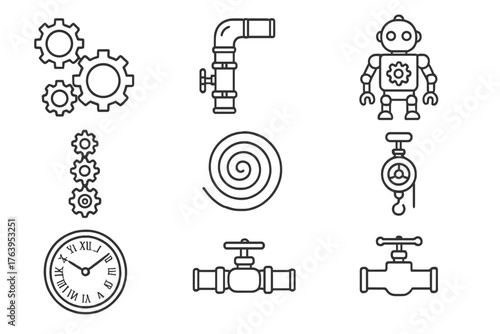 Industrial Clockwork Icons. Line style icons of Industrial Clockwork: Cogs, Steam Pipe, Automaton, Gear Tower, Mainspring, Pulley,