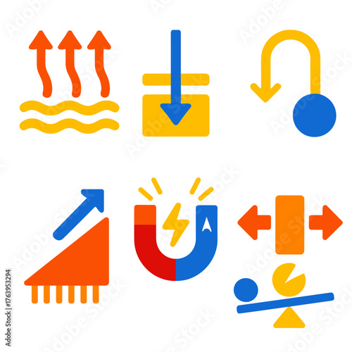 Minimalist Physical Icons. Flat vector icons of physical processes and effects: heat transfer arrows, pressure change icon,