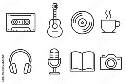 Indie Lifestyle Icons. Line style icons of Indie Lifestyle: Cassette Tape, Guitar, Vinyl Record, Coffee Cup, Headphones,