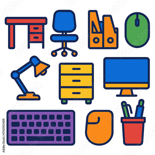 Minimalist Workspace Icons. Flat vector icons of minimalist workspace tools: office desk icon, swivel chair outline, file