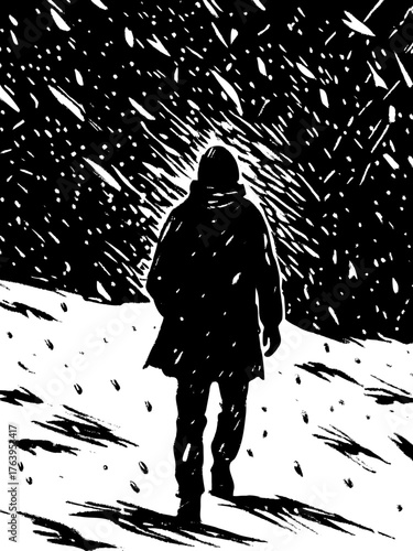 Person walking in blizzard with snow falling and strong wind creating dramatic scene. Walking through blizzard, individual faces challenging weather conditions and treacherous environment.