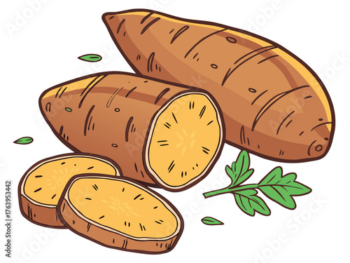 Fresh roasted sweet potatoes with vibrant orange flesh and green herbs displayed on white surface. Roasted sweet potatoes reveal creamy texture and earthy flavor