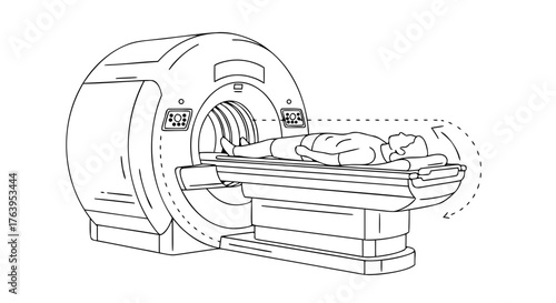 MRI machine illustration with patient on examination table, featuring detailed design of medical imaging equipment and subject preparing for diagnostic procedure.
