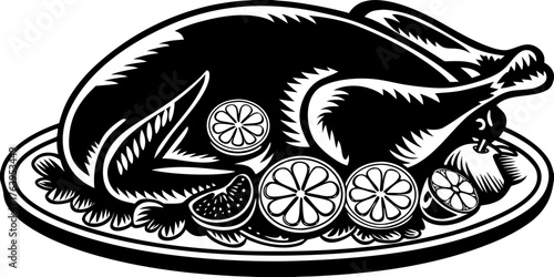 Roasted turkey with citrus slices on decorative platter. Delicious roasted turkey prepared for festive occasions, garnished with fresh fruits and herbs.