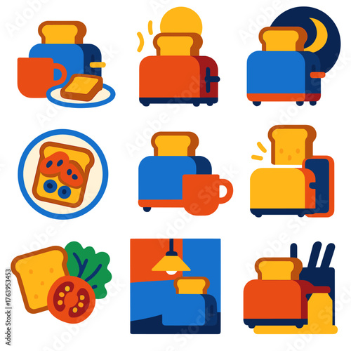 Minimalist Toaster Icons. Flat vector icons of minimalist toasters in use scenes: breakfast scene with toast, early morning