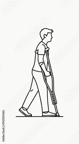 Person using crutch walking in profile view with determined expression. Individual relies on crutches for support and mobility in everyday life, representing adaptation and resilience.